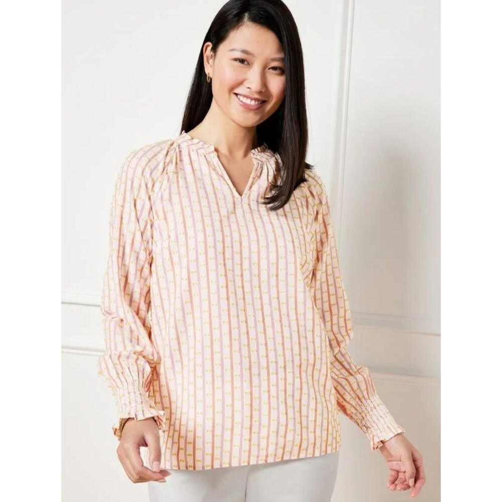 Talbots Jacquard Stripe popover top Size S long sleeve smocked cuffs cottagecore